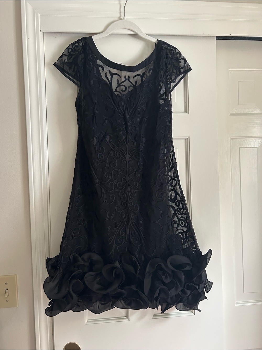 Guess Black Floral Appliqué Mini Dress with Rosette Trim